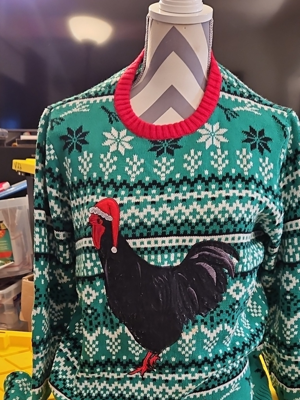 Green Fair Isle Rooster Crewneck Sweater - Holiday Knit